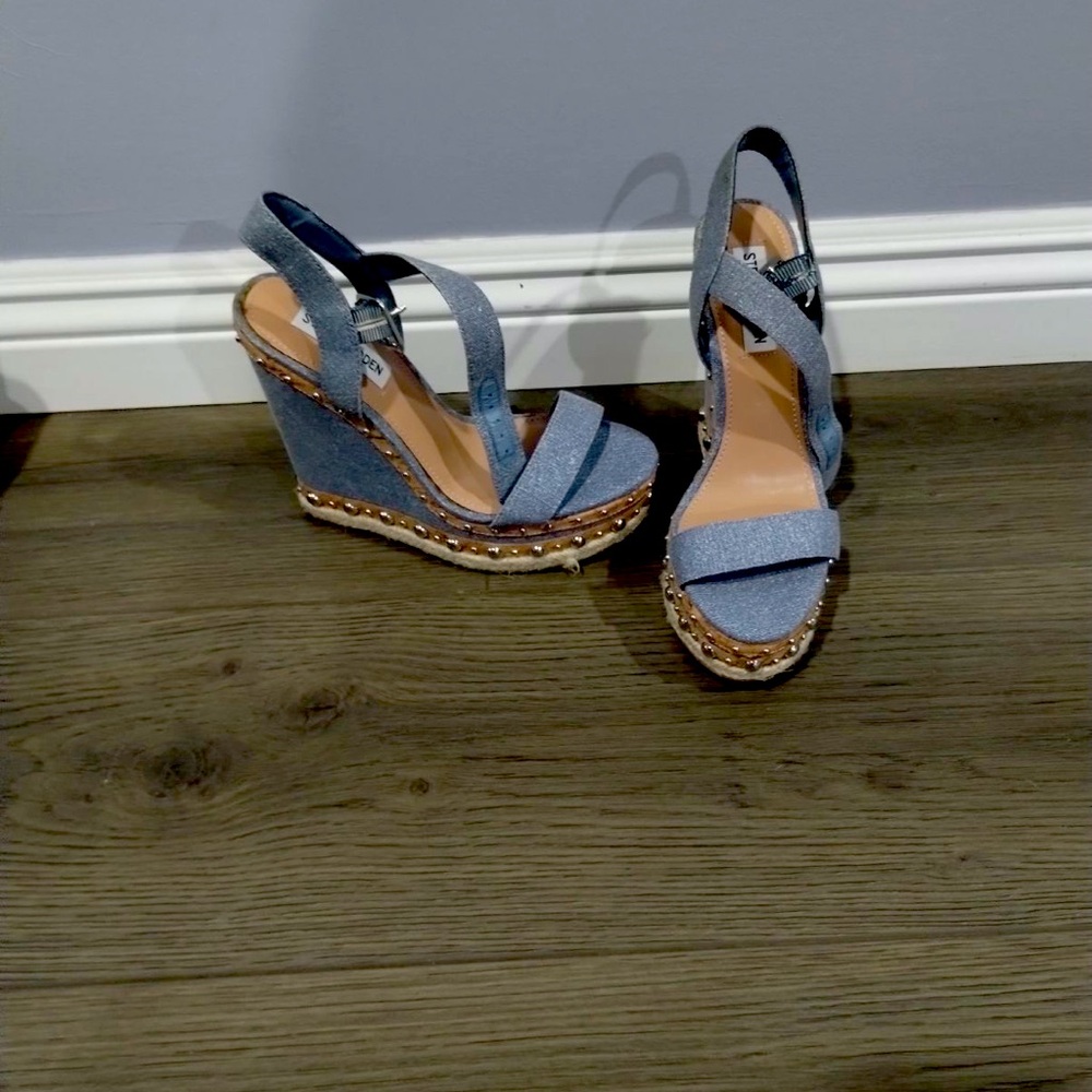 Steve Madden size 6.5 denim and tan  wedges with silver studs